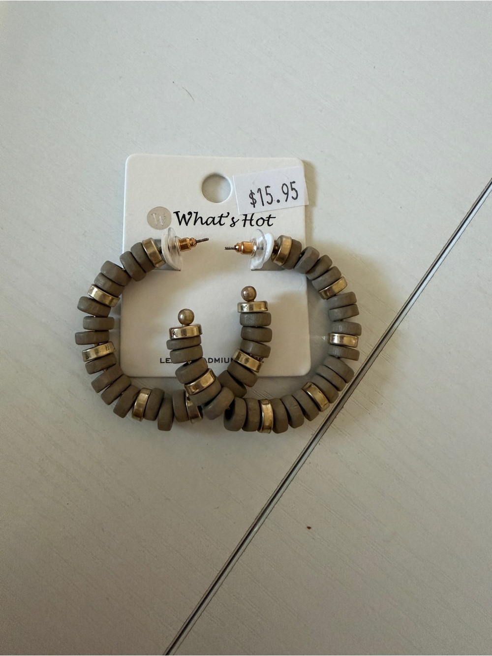 Taupe Beaded Hoop Earrings with Metallic Accents